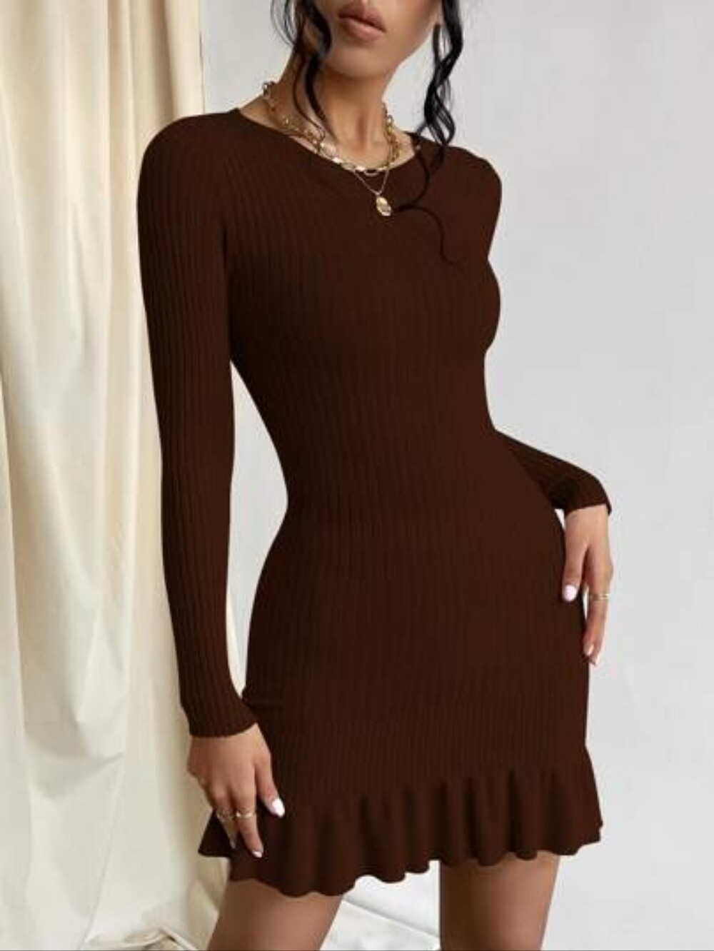SHEIN Brown Ribbed Long-Sleeve Ruffle-Hem Dress - Size Small